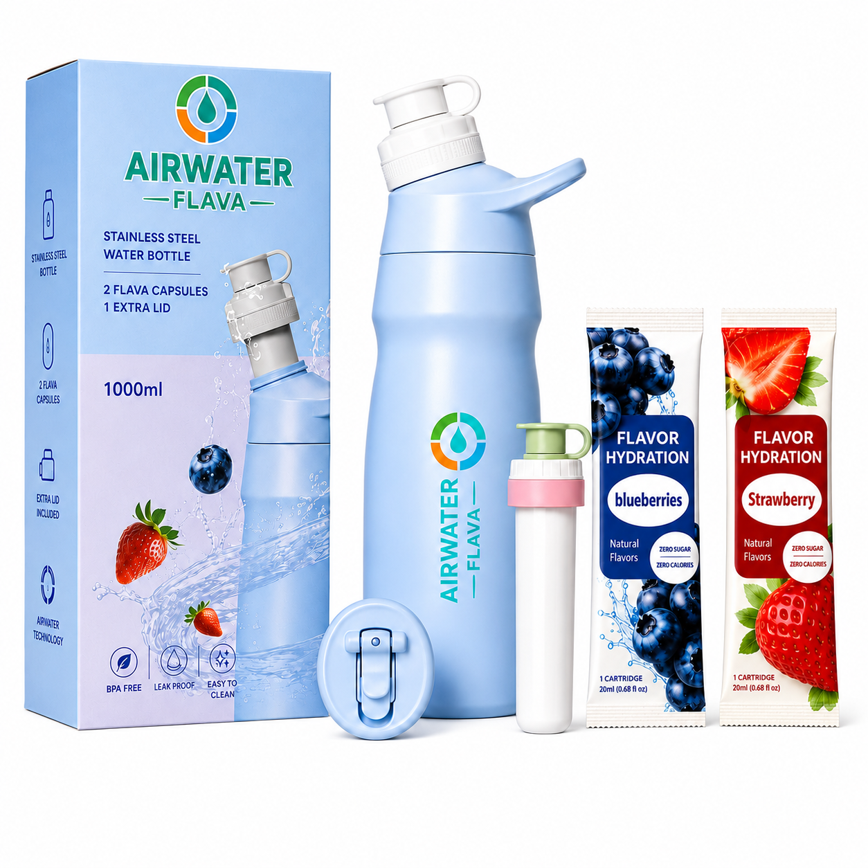 Airwater Flava Stainless Steel Water Bottle 1L Set with 2 Flava Capsules & Extra Lid – Pastel Blue