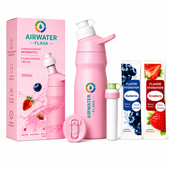 Airwater Flava Stainless Steel Water Bottle 1L Set with 2 Flava Capsules & Extra Lid – Pastel Pink