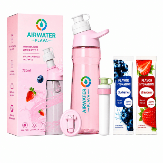 Airwater Flava BPA-Free Tritan Water Bottle Starter Set 720ML with 2 Flava Capsules & 1 Extra Lid – Pink