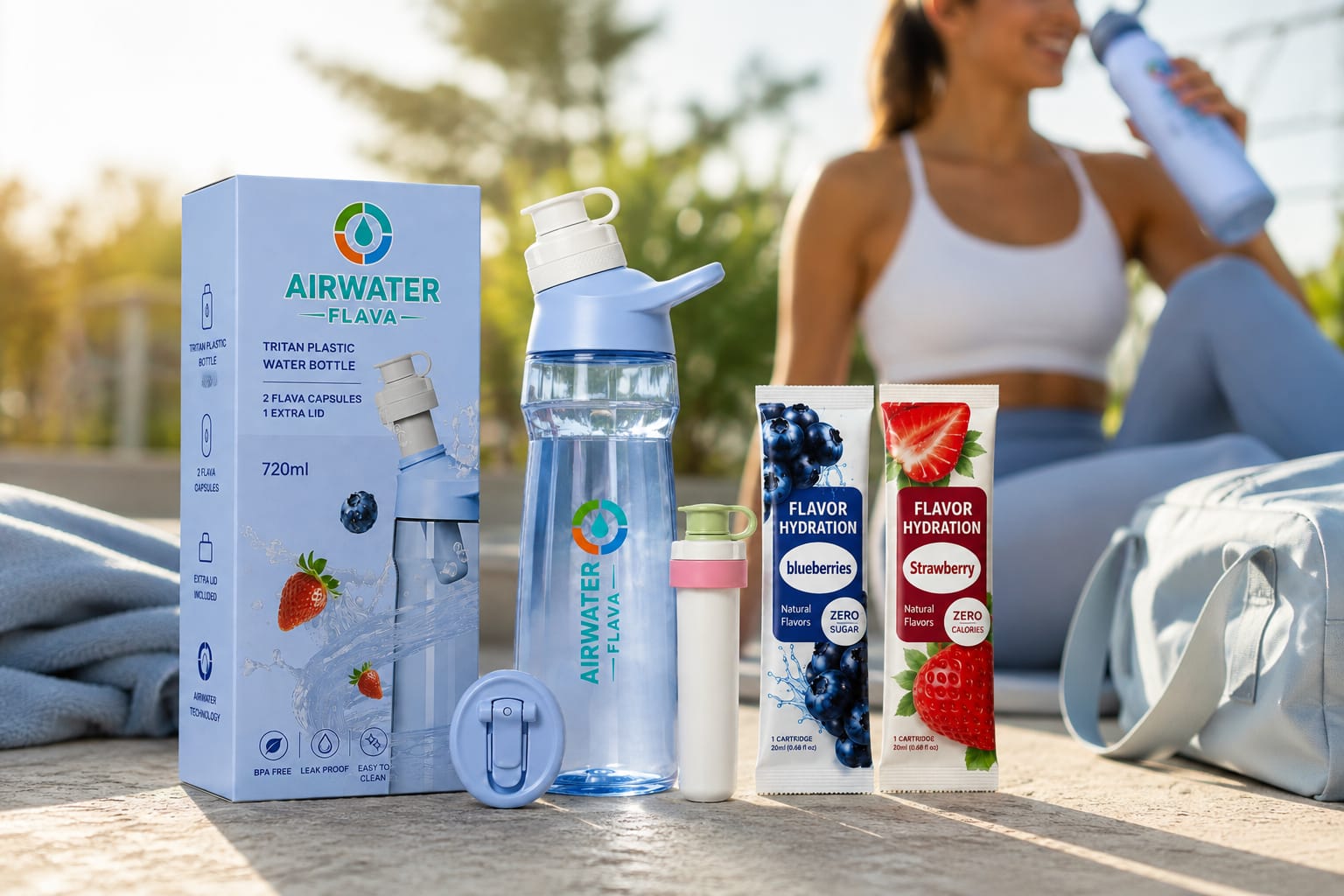 Airwater Flava BPA-Free Tritan Water Bottle Starter Set 720ML with 2 Flava Capsules & 1 Extra Lid – Blue - Image 2
